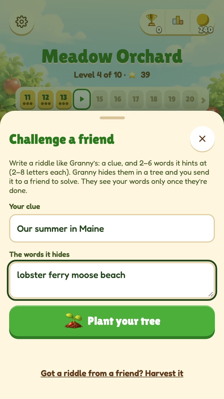 Challenge a friend: the clue “Our summer in Maine” and the words lobster, ferry, moose and beach, with a Plant your tree button