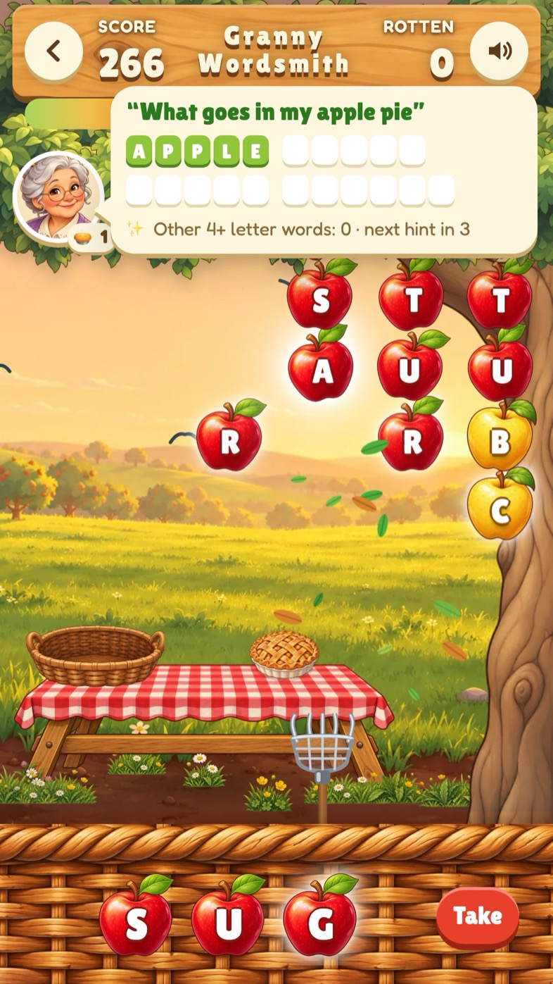 Playing Granny's Riddle: her clue, “What goes in my apple pie”, APPLE found and three words still blank, lettered apples falling past the tree, and S, U and G in the basket on the way to SUGAR